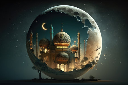 Fantasy landscape with mosque and moon, 3d render illustration.の素材