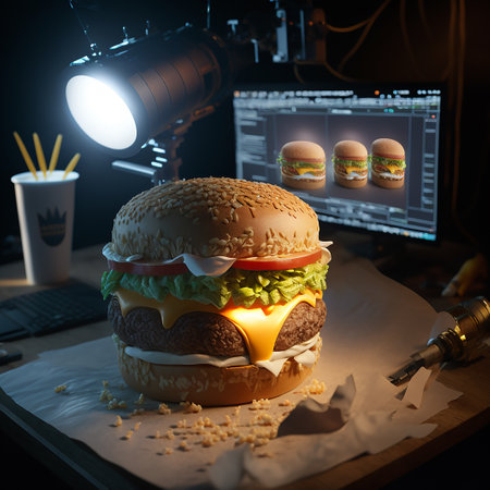 Burger in front of a computer monitor. 3d renderingの素材