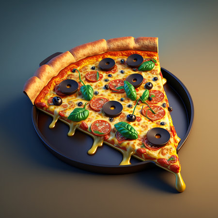 Pizza with pepperoni, olives and basil on a dark backgroundの素材