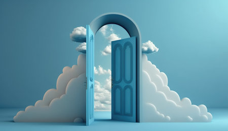 Open door with clouds on blue background. 3D rendering illustration.の素材