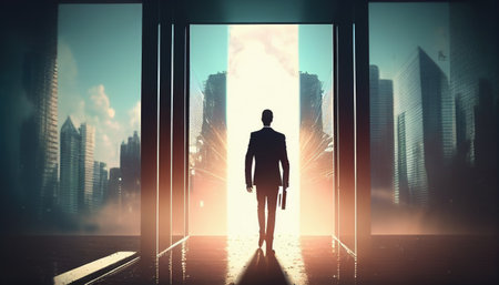 Businesswoman standing in doorway with city view and sunlight. 3D Renderingの素材