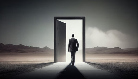 Businessman standing in front of an open door in the middle of the desertの素材