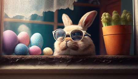 Easter bunny with sunglasses and colorful eggs on the window sill.の素材