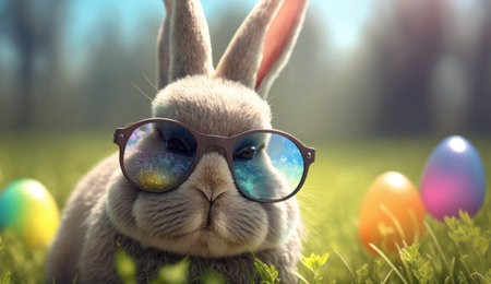 Easter bunny wearing sunglasses on the grass with colorful easter eggsの素材