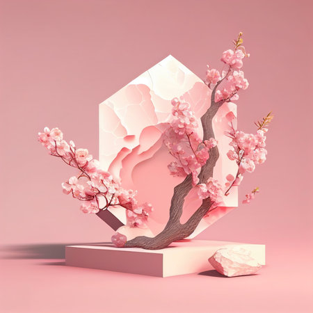 3d render, abstract background stage with pink sakura flowers.の素材