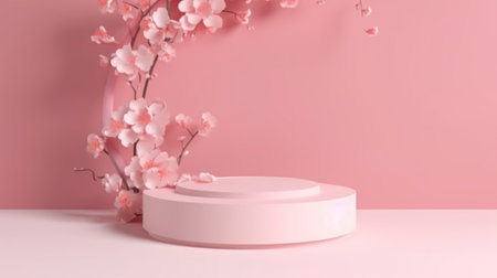 3d render of minimal product display podium with cherry blossom background.の素材