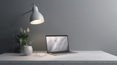 Workplace with laptop, lamp and plant on table. 3d illustrationの素材