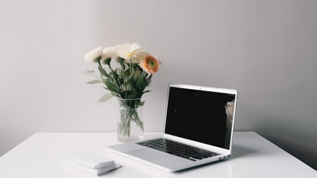 Laptop with blank screen on white table with flowers in vaseの素材
