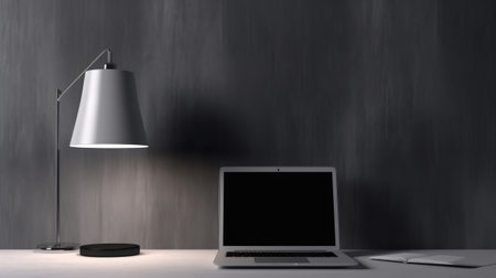 Laptop with blank screen and lamp on table. Mock-up, 3D Renderingの素材