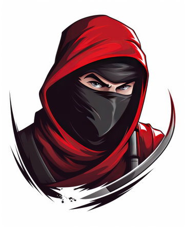 Ninja vector illustration with a black mask and a red hood.の素材