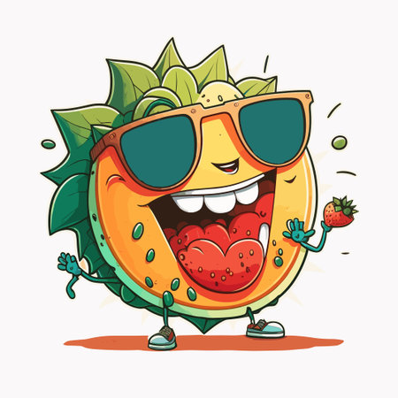Funny cartoon orange fruit character with sunglasses and strawberry. Vector illustrationのイラスト素材