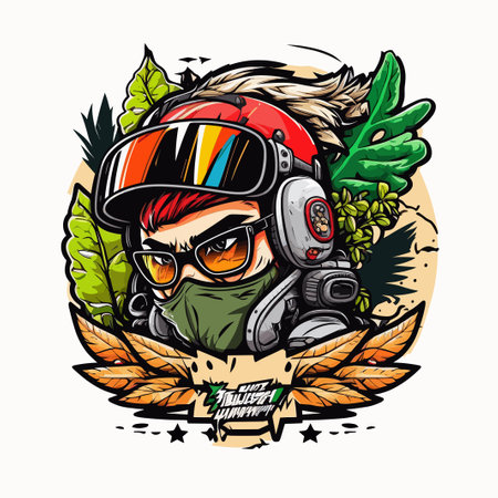 Vector illustration of a motorcycle rider wearing a helmet and goggles with feathers.のイラスト素材
