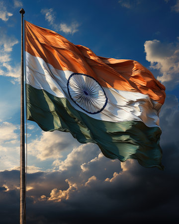 India flag waving in the wind against dark blue sky with white cloudsの素材