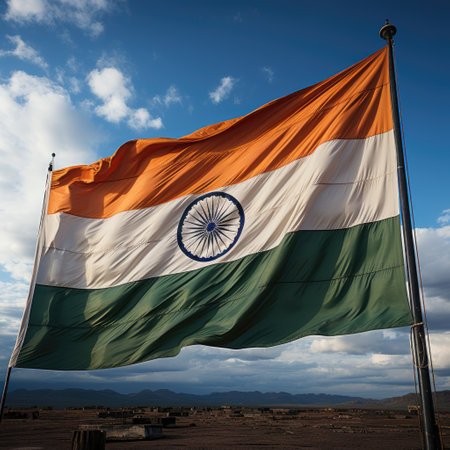 Indian flag waving in the wind against blue sky with white clouds.の素材