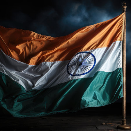 India flag waving in the dark with dark clouds and blue sky.の素材