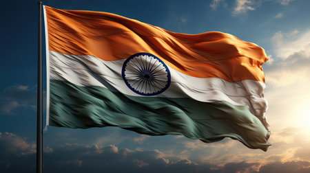 India Flag waving in the blue sky with sunrays 3d illustrationの素材