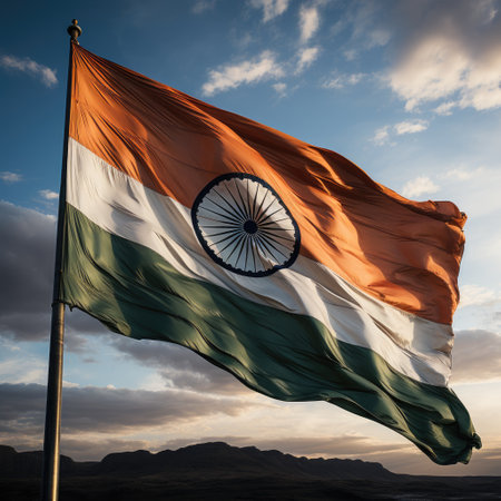 Flag of India waving in the wind against the background of the mountainsの素材
