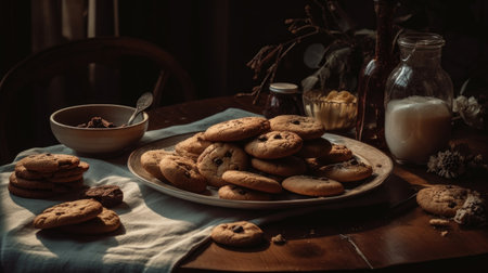Closeup of homemade chocolate chip cookies on a plate in a store in Tennesseeの素材