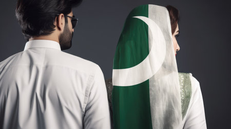 businessman and businesswoman with green and indian flag on greyの素材