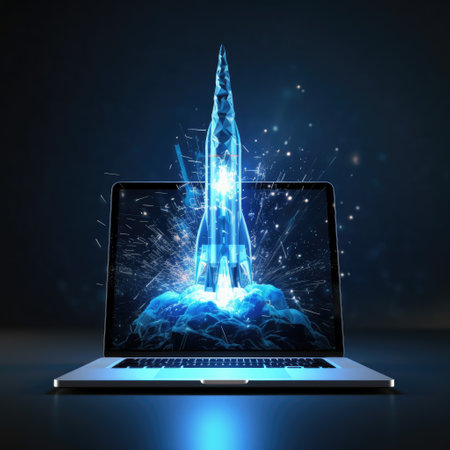 Abstract rocket launch from laptop start upの素材
