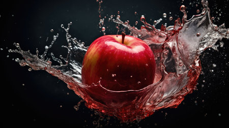Red apple with liquid splash isolated on black background.の素材