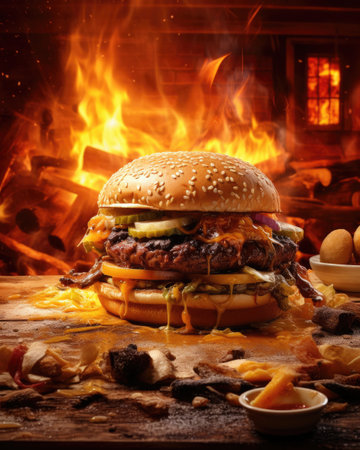 Burger in Table fire Backgroundの素材