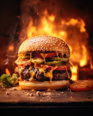 Burger in Table fire Backgroundの素材