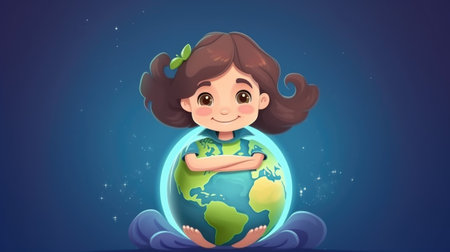 A young child girl hugging a planet earth modelの素材