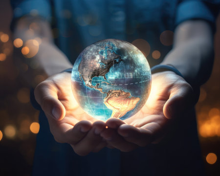 world globe in hands lights backgroundの素材