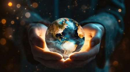 world globe in hands lights backgroundの素材