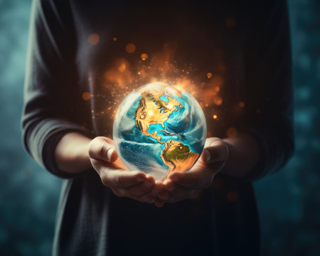 world globe in hands lights backgroundの素材