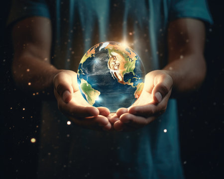 world globe in hands lights backgroundの素材