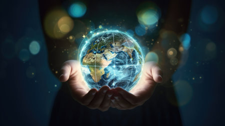 world globe in hands lights backgroundの素材
