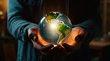 world globe in hands lights backgroundの素材
