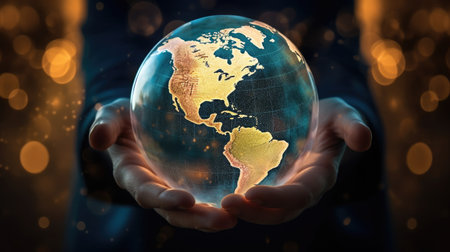 world globe in hands lights backgroundの素材