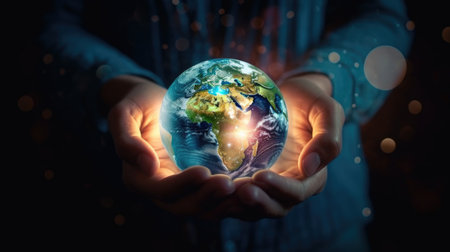 world globe in hands lights backgroundの素材