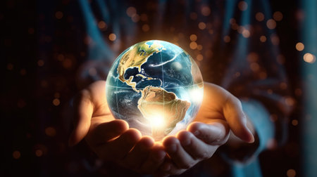 world globe in hands lights backgroundの素材