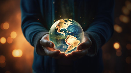 world globe in hands lights backgroundの素材