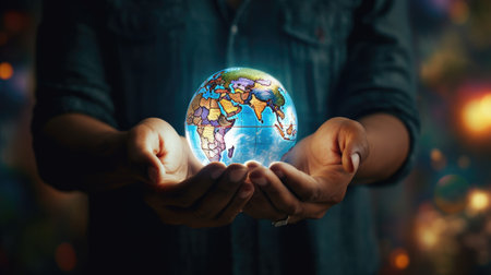 world globe in hands lights backgroundの素材