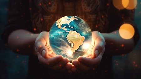 world globe in hands lights backgroundの素材