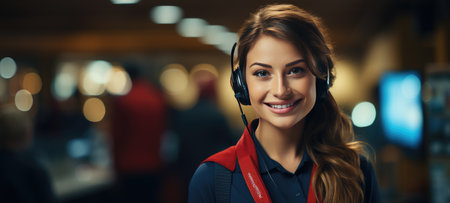 Call center worker smiles in modern light officeの素材