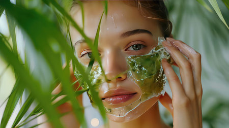 Beautiful girl applying aloevera mask on face, beauty and skin care products.の素材