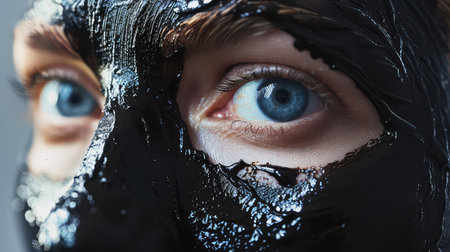 Girl applying charcoal peel off mask on face, skin care products, mask application, beauty products.の素材