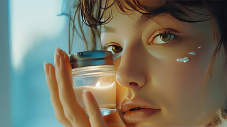 Girl applying face cream on face, skin care and beauty products, cosmetics.の素材