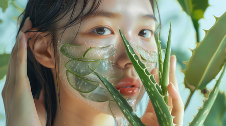 Beautiful girl applying aloevera mask on face, beauty and skin care products.の素材