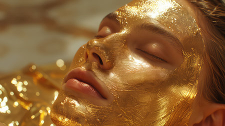 Gold face mask application, girl reclining gold face mask on skin, beauty products, skincare.の素材
