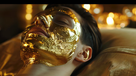 Gold face mask application, girl reclining gold face mask on skin, beauty products, skincare.の素材