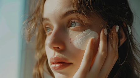 Woman applying skin care products on skin, cosmetics, skin care products, skin treatment.の素材