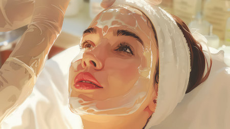 Facial treatment in a spa, girl getting facial skin care products on skin.の素材