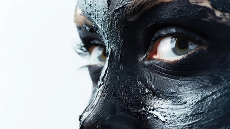 Girl applying charcoal peel off mask on face, skin care products, mask application, beauty products.の素材